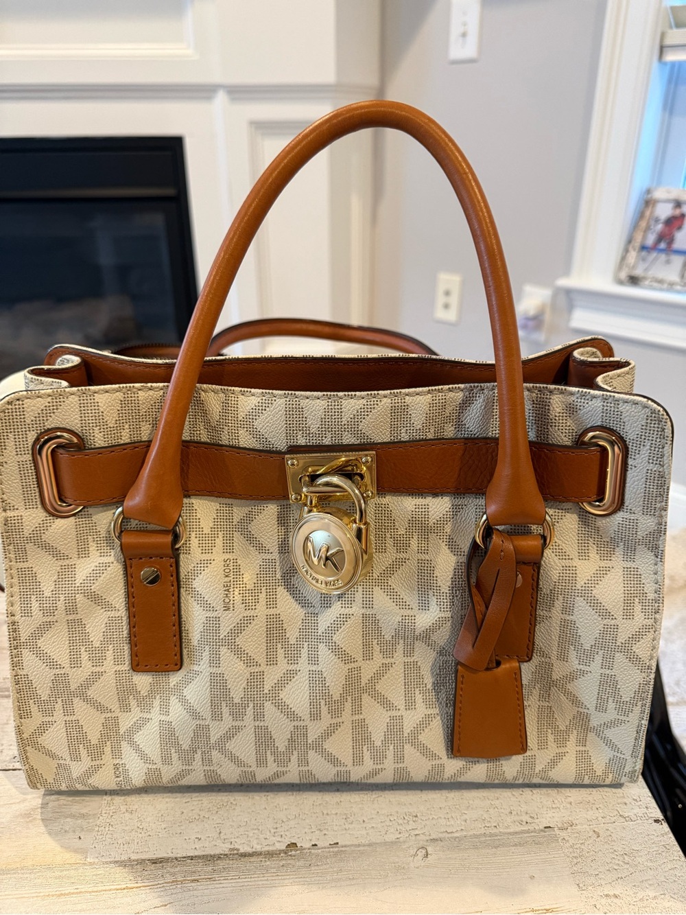 Michael Kors Signature Canvas Satchel in Cream and Tan with Gold Hardware